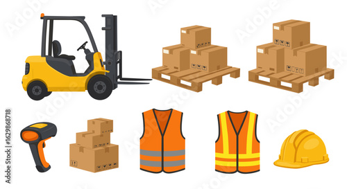 Warehouse equipment flat vector illustration with forklift, boxes, and safety gear