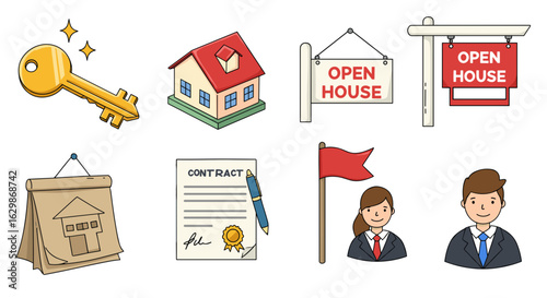 Cartoon illustrations depicting real estate elements and brokerage services on white background.