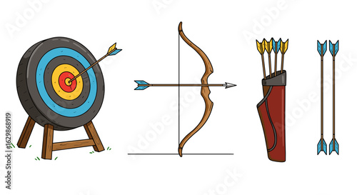 Archery equipment set with target, bow, arrows, and quiver, cartoon style