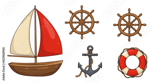 Nautical cartoon collection: boat, ship wheels, anchor, and life preserver