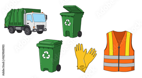 Cartoon Image Featuring a Garbage Truck, Bins, Gloves, and a Vest