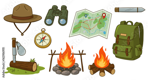 Camping gear collection featuring hat, binoculars, map, backpack and campfire