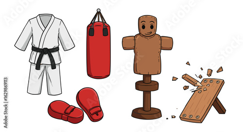 Karate Training Gear: Uniform, Punching Bag, Dummy, and Breaking Board