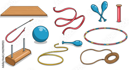 Diverse Gymnastics Equipment Depicted in a Clean Cartoon Style Illustration