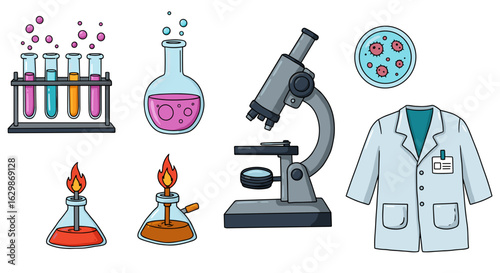 Colorful laboratory equipment and tools: science, experimentation, research, and discovery