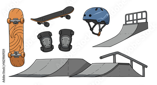 Skateboard Gear and Ramp Elements, Illustration of Skateboarding Essentials