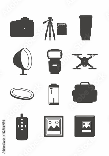 A set of monochrome icons representing various photography and videography equipment and accessories.