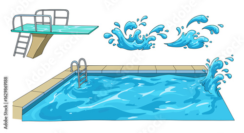 Clean, blue swimming pool with diving board and water splashes illustration