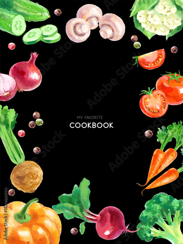Watercolor painted spices and vegetables food product frame. Cookbook cover design, recipe book vector illustration
