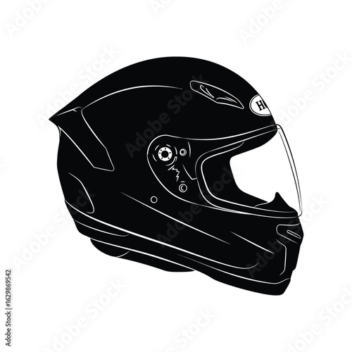 Black Motorcycle Helmet Illustration with Visor and Detailed Outlines for Safety Gear