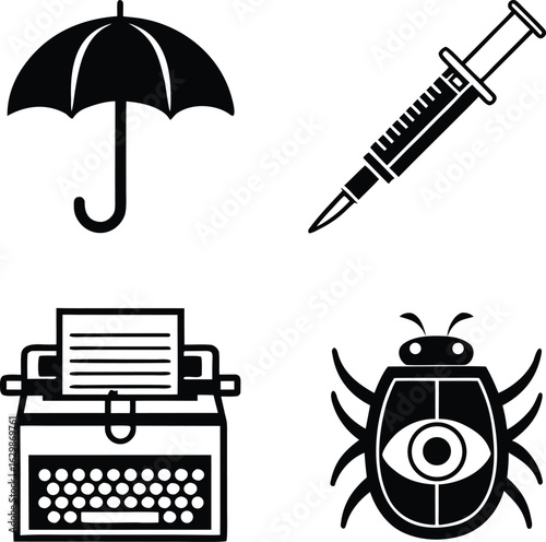 Noir, mystery, icon, set, spy, silhouette, vector, black, isolated, illustration, design, surreal, detective, strange, object