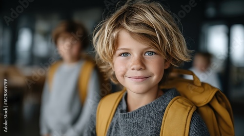 Cheerful blonde boy with blue eyes and yellow backpack, ready for school