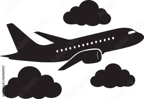 Black silhouette of a passenger airplane flying through clouds aircraft travel
