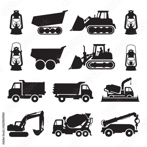 Silhouettes of Vintage Lanterns and Heavy Construction Vehicles in Clean, Organized Grids on White Background. 