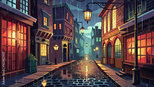 Atmospheric cobblestone street lined with glowing gas lamps on a rainy evening