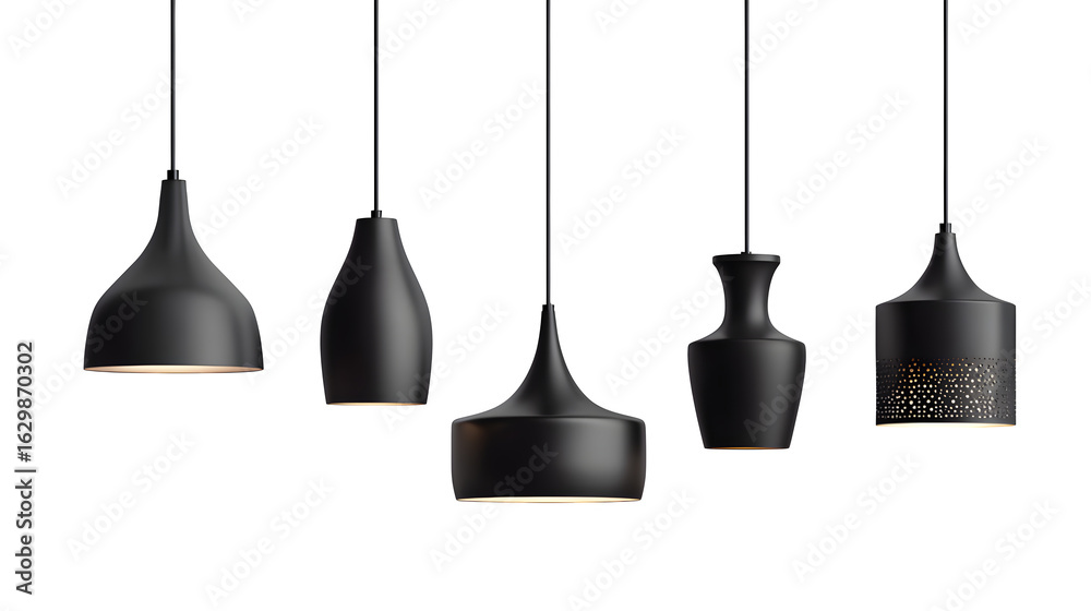 Naklejka premium Collection of modern black ceiling pendant lamps, isolated on white