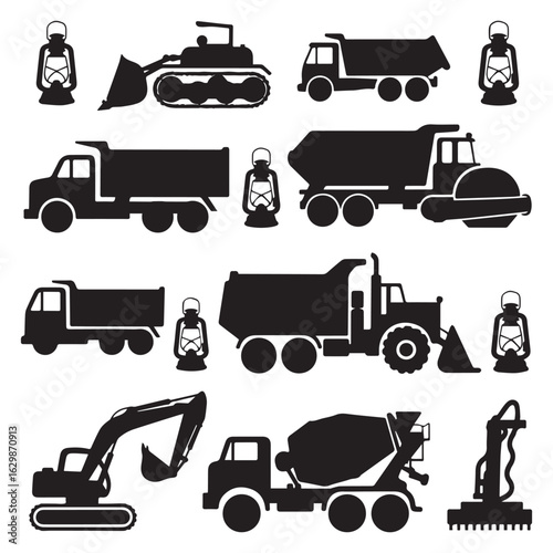 Silhouettes of Vintage Lanterns and Heavy Construction Vehicles in Clean, Organized Grids on White Background. 