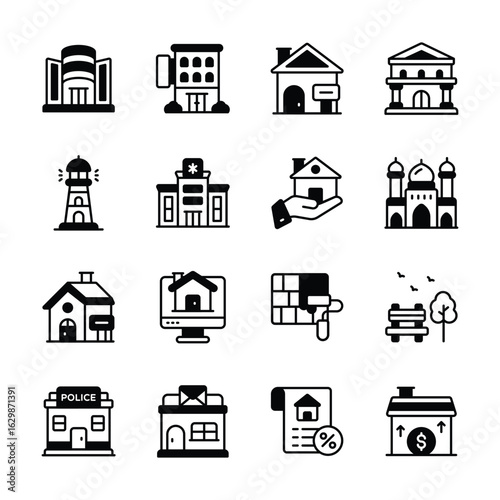 Grab this modern solid style bundle showing real estate construction buildings