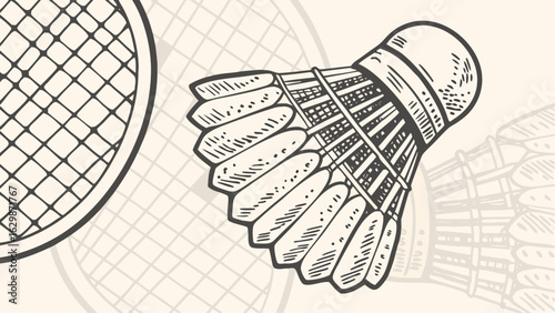 Illustration of a badminton racket and shuttlecock with detailed line work on a patterned background