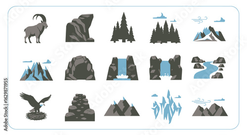 A set of flat design icons depicting mountain landscapes, wildlife like an ibex and eagle, forests, and waterfalls.