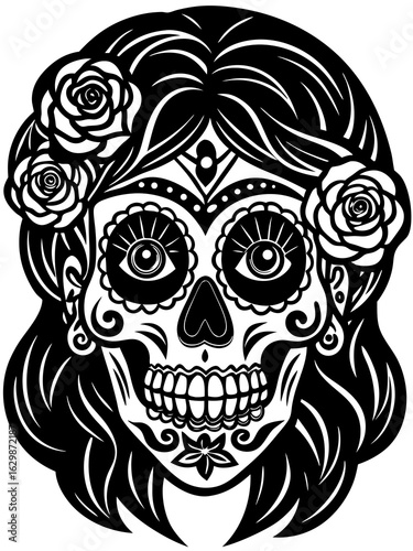 Black and white sugar skull with floral ornaments and decorative elements