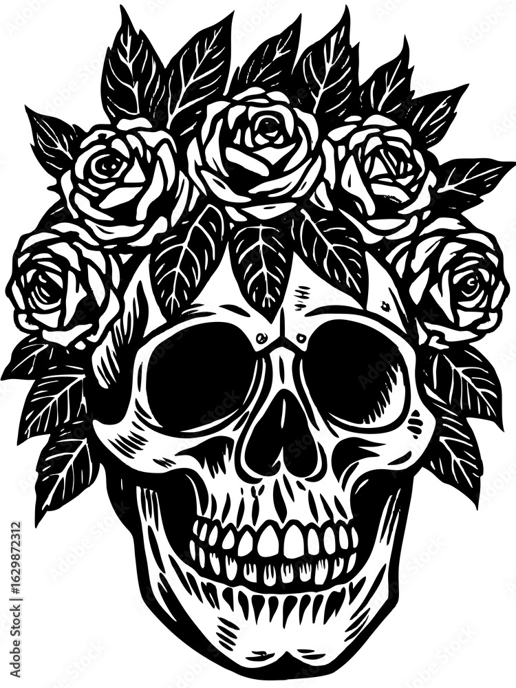 Obraz premium Skull with roses crown isolated on white background, a gothic floral design