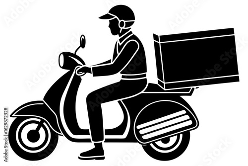 Delivery man riding scooter with box isolated on white background