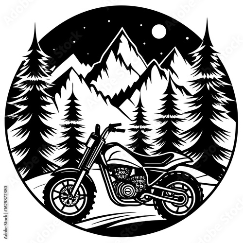 A motorcycle parked in a forest with mountains and a night sky view