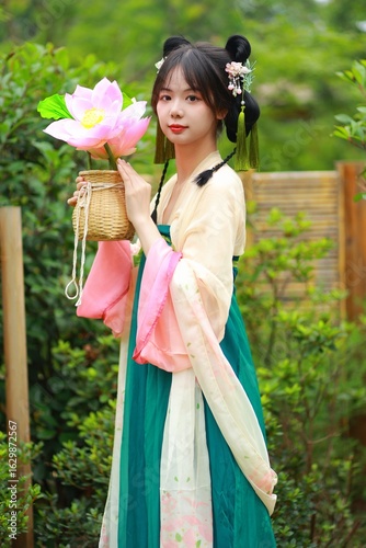 Young woman in traditional dress holding a lotus flower.