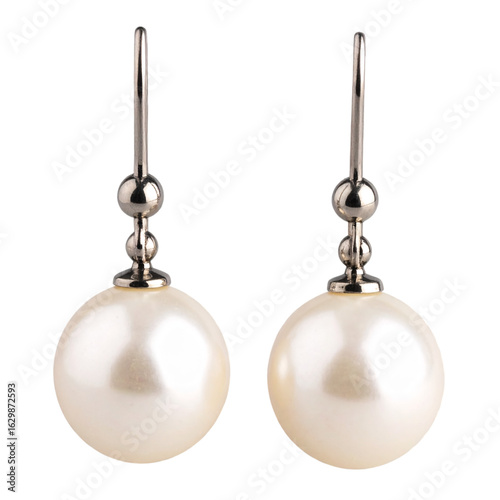 Elegant pearl earrings with silver fittings, showcasing classic style and sophistication for jewelry design and fashion accessories on transparent background
