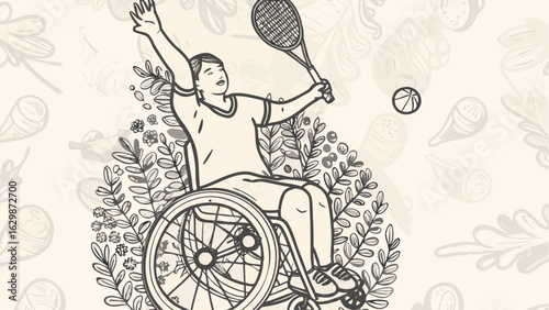 Illustration of a wheelchair tennis player surrounded by floral elements and a tennis ball in the air