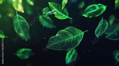 Neon green glowing leaves floating in dark space, cyberpunk style 