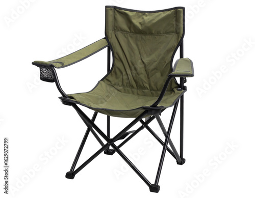 Olive green folding camping chair with armrests and cup holder, portable seating for outdoor activities and relaxation on transparent background
