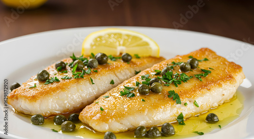 Gourmet Pan-Fried Fish Fillets Drizzled with Butter Sauce and Topped with Capers