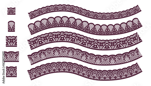 A set of five dark red lace trims with a single straight edge, arranged in a wavy formation