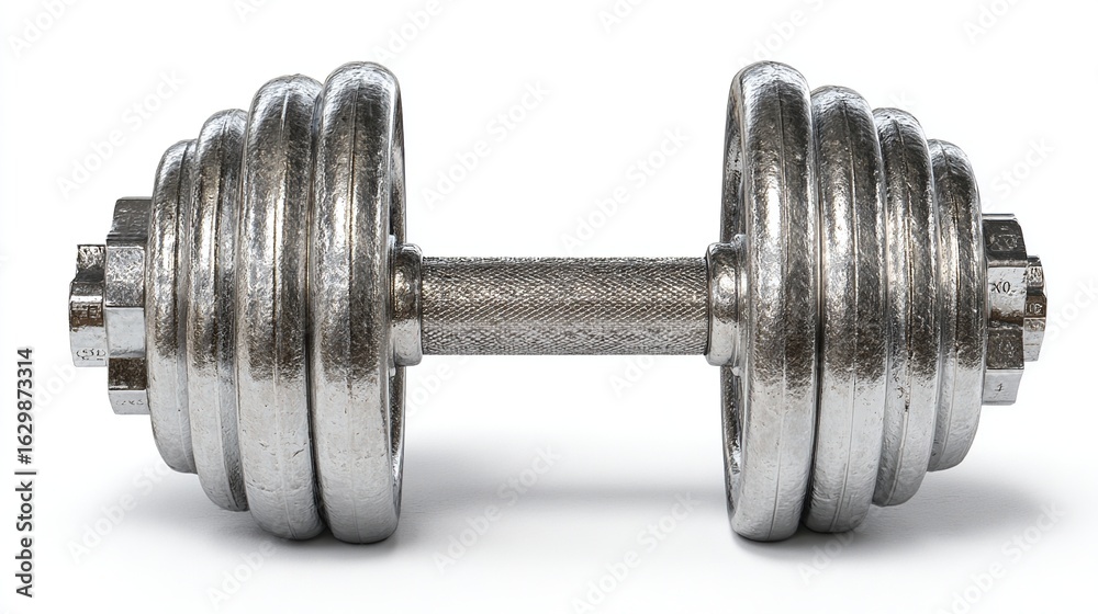 Fototapeta premium A chrome dumbbell with multiple weight plates on each end, slightly worn, isolated on a white background