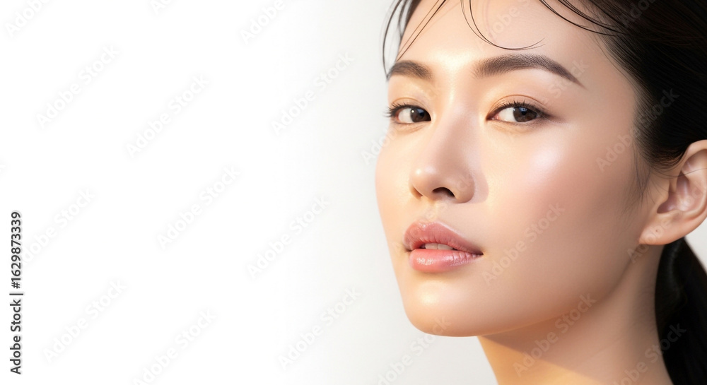 Naklejka premium Closeup portrait of a beautiful young asian woman with soft makeup and delicate facial adornment, isolated on white background