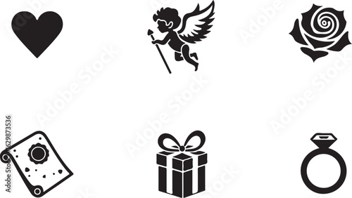 Valentine's Day icons hearts cupid rose gift ring scroll love symbols