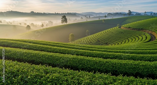 Rolling green tea plantations bathed in soft morning mist and sunlight