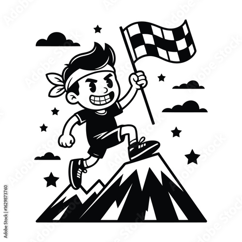 Vector art of cartoon boy climbing mountain with flag isolated on white background to celebrate success