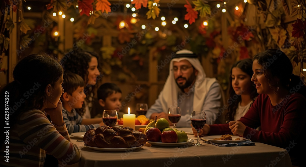 Gathering of family and friends celebrating a Jewish holiday with food and traditions during an autumn evening Gathering of family and friends celebrating a Jewish holiday with food and traditions during an autumn evening