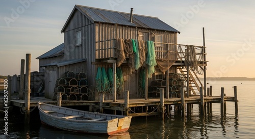 Rustic wooden fishing shack with nets and lobster pots on a pier at sunset