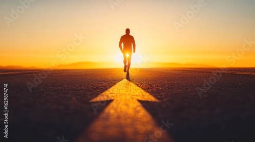 Silhouette of a person walking forward on a road, a large arrow points the way toward a bright sunrise