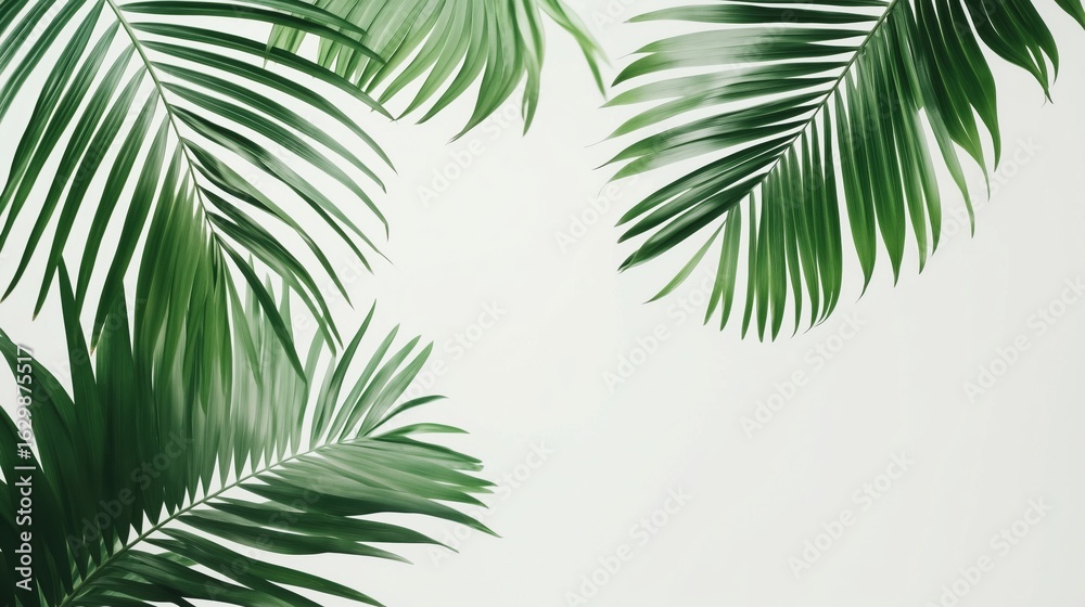 Tropical palm leaves mid-flight, dynamic movement, white studio background Tropical palm leaves mid-flight, dynamic movement, white studio background