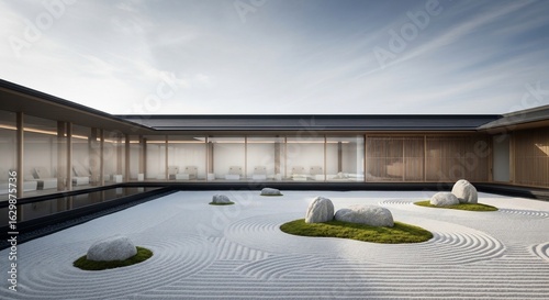 Serene Japanese Zen Garden with Raked Sand and Minimalist Architecture