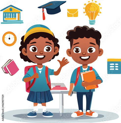 Smiling cartoon-style students with textbooks and backpacks, background with education icons 