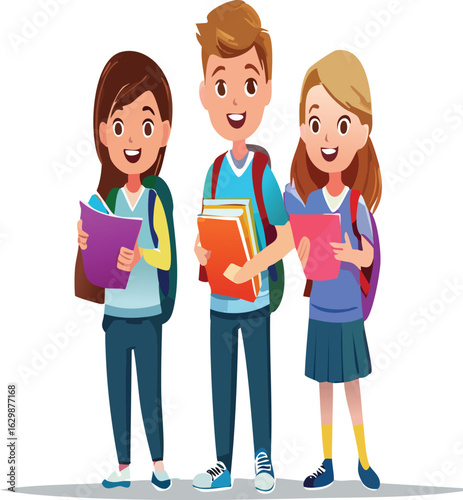 Smiling cartoon-style students with textbooks and backpacks