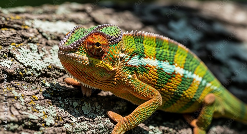 Obraz premium Vibrant Chameleon with Intricate Scales Perched on Textured Tree Bark
