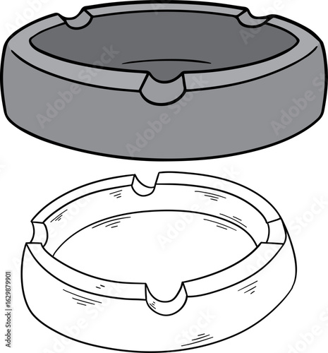 A set of vector illustrations of a round ashtray. Includes a grayscale version and a black and white line art outline for coloring.