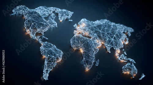 Fototapeta Naklejka Na Ścianę i Meble -  Polygon world map with blockchain technology peer to peer network on blue background. Network, p2p business, e-commerce, bitcoin trading and global cryptocurrency blockchain business banner concept.,